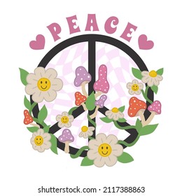 1970 Peace Sticker, Poster. Peace Sign with Psychedelic Mushrooms and Smiling Chamomile on Distorted Checkered Background. Hippie Aesthetics. Hand-Drawn Vector Illustration isolated on White. 