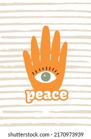 1970 peace vector vintage retro colorful card design. Hand and eye. Graphic T-shirt, Cover, Sticker. Fun hippie lettering with 1970 groovy retro element. Colorful 1970 shine