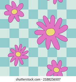 1970 Pink Daisy Seamless Pattern on Blue Checkered Background. Hippie Aesthetic. Hand-Drawn Vector Illustration, Flat Design. Kids Graphic Cover or Sticker.