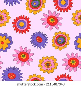 1970 psychedelic good vibes.vintage vector seamless pattern in hippie style.Psychedelic pattern with flowers shapes.Vibrant ornament for wallpaper and back.1960 groovy and funky daisy flower