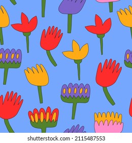 1970 psychedelic good vibes.vintage vector seamless pattern in hippie style.Psychedelic pattern with flowers shapes.Vibrant ornament for wallpaper and back.1960 groovy and funky daisy flower