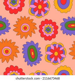 1970 psychedelic good vibes.vintage vector seamless pattern in hippie style.Psychedelic pattern with flowers shapes.Vibrant ornament for wallpaper and back.1960 groovy and funky daisy flower