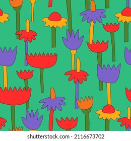 1970 psychedelic good vibes.vintage vector seamless pattern in hippie style.Psychedelic pattern with flowers shapes.Vibrant ornament for wallpaper and back.1960 groovy and funky daisy flower