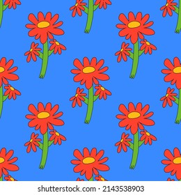 1970 psychedelic good vibes.vintage vector seamless pattern in hippie style.Psychedelic pattern with flowers shapes.Vibrant ornament for wallpaper and back.1960 groovy and funky daisy flower