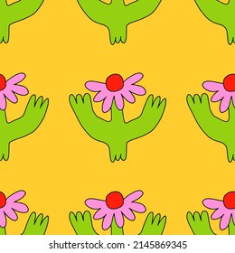 1970 psychedelic good vibes.vintage vector seamless pattern in hippie style.Psychedelic pattern with flowers shapes.Vibrant ornament for wallpaper and back.1960 groovy and funky daisy flower