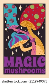 1970 Psychedelic Groovy Neon Mushrooms Poster in Retro Style. Crazy, Hippie Aesthetics. Hand-Drawn Vector Illustration on Black Background. 