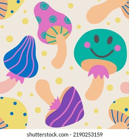 1970 Psychedelic Mushroom Seamless Pattern. Hand-Drawn Vector Illustration. Seventies Style, Groovy Background, Wallpaper. Flat Design, Hippie Aesthetic.