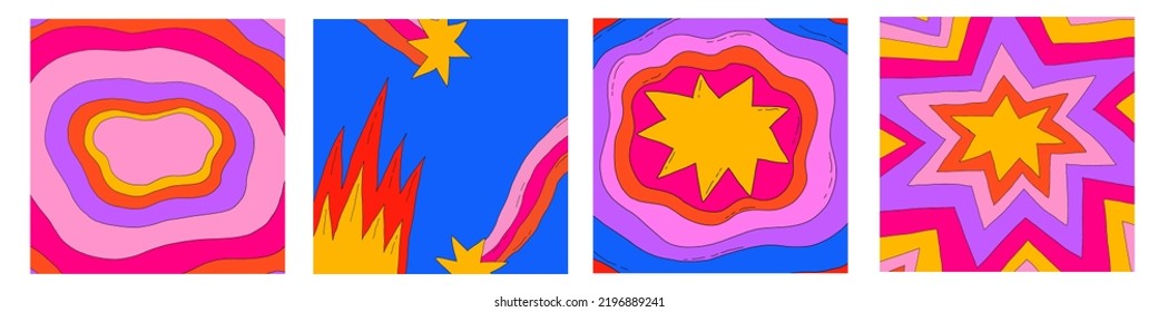 1970 psychedelic poster and card-template.Square retro templates for social media.Text box funky 70s with fire, stars, rainbow.Hippie vintage frames.groovy wallpaper postcard with shapes