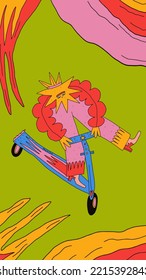 1970 psychedelic poster,hippie poster.Cool poster with abstract character teenager on scooter.Funky 70s good vibes,trippy art.Modern naive concept.00s template aesthetics.2000s trippy art,tattoo art