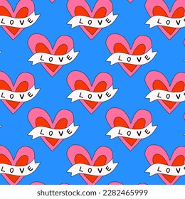 1970 psychedelic seamless pattern. 1970s good vibes hearts ornament. 1960 retro Valentine. Hippie peace and love. Funky and groove card. Trippy art.Hippie wallpaper background poster