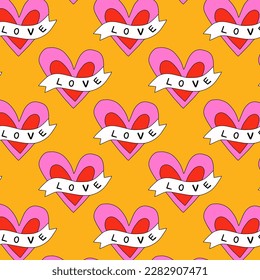 1970 psychedelic seamless pattern. 1970s good vibes hearts ornament. 1960 retro Valentine. Hippie peace and love. Funky and groove card. Trippy art.Hippie wallpaper background poster