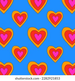 1970 psychedelic seamless pattern. 1970s good vibes hearts ornament. 1960 retro Valentine. Hippie peace and love. Funky and groove card. Trippy art.Hippie wallpaper background poster