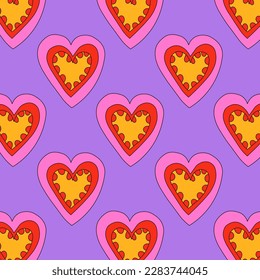 1970 psychedelic seamless pattern. 1970s good vibes hearts ornament. 1960 retro Valentine. Hippie peace and love. Funky and groove card. Trippy art.Hippie wallpaper background poster