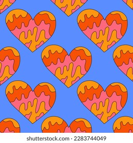 1970 psychedelic seamless pattern. 1970s good vibes hearts ornament. 1960 retro Valentine. Hippie peace and love. Funky and groove card. Trippy art.Hippie wallpaper background poster