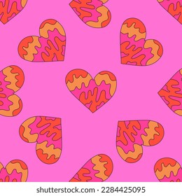 1970 psychedelic seamless pattern. 1970s good vibes hearts ornament. 1960 retro Valentine. Hippie peace and love. Funky and groove card. Trippy art.Hippie wallpaper background poster