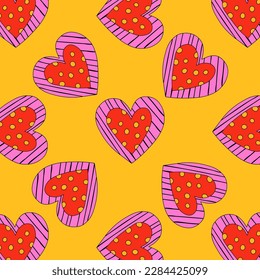 1970 psychedelic seamless pattern. 1970s good vibes hearts ornament. 1960 retro Valentine. Hippie peace and love. Funky and groove card. Trippy art.Hippie wallpaper background poster