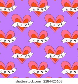 1970 psychedelic seamless pattern. 1970s good vibes hearts ornament. 1960 retro Valentine. Hippie peace and love. Funky and groove card. Trippy art.Hippie wallpaper background poster