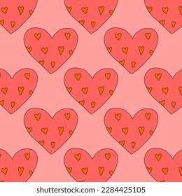 1970 psychedelic seamless pattern. 1970s good vibes hearts ornament. 1960 retro Valentine. Hippie peace and love. Funky and groove card. Trippy art.Hippie wallpaper background poster