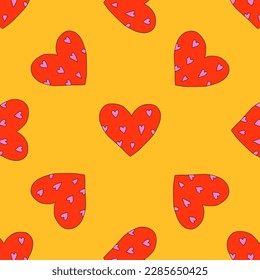 1970 psychedelic seamless pattern. 1970s good vibes hearts ornament. 1960 retro Valentine. Hippie peace and love. Funky and groove card. Trippy art.Hippie wallpaper background poster