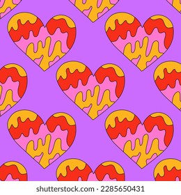 1970 psychedelic seamless pattern. 1970s good vibes hearts ornament. 1960 retro Valentine. Hippie peace and love. Funky and groove card. Trippy art.Hippie wallpaper background poster