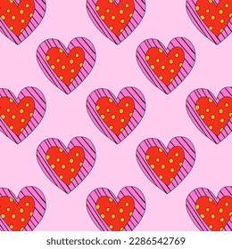 1970 psychedelic seamless pattern. 1970s good vibes hearts ornament. 1960 retro Valentine. Hippie peace and love. Funky and groove card. Trippy art.Hippie wallpaper background poster