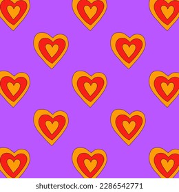 1970 psychedelic seamless pattern. 1970s good vibes hearts ornament. 1960 retro Valentine. Hippie peace and love. Funky and groove card. Trippy art.Hippie wallpaper background poster