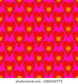 1970 psychedelic seamless pattern. 1970s good vibes hearts ornament. 1960 retro Valentine. Hippie peace and love. Funky and groove card. Trippy art.Hippie wallpaper background poster