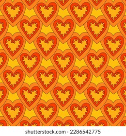 1970 psychedelic seamless pattern. 1970s good vibes hearts ornament. 1960 retro Valentine. Hippie peace and love. Funky and groove card. Trippy art.Hippie wallpaper background poster