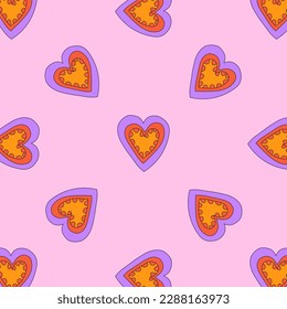 1970 psychedelic seamless pattern. 1970s good vibes hearts ornament. 1960 retro Valentine. Hippie peace and love. Funky and groove card. Trippy art.Hippie wallpaper background poster