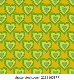 1970 psychedelic seamless pattern. 1970s good vibes hearts ornament. 1960 retro Valentine. Hippie peace and love. Funky and groove card. Trippy art.Hippie wallpaper background poster