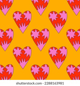 1970 psychedelic seamless pattern. 1970s good vibes hearts ornament. 1960 retro Valentine. Hippie peace and love. Funky and groove card. Trippy art.Hippie wallpaper background poster