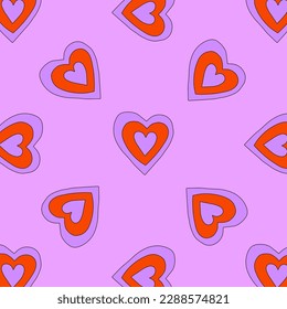 1970 psychedelic seamless pattern. 1970s good vibes hearts ornament. 1960 retro Valentine. Hippie peace and love. Funky and groove card. Trippy art.Hippie wallpaper background poster