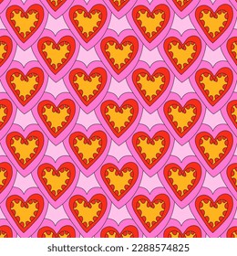 1970 psychedelic seamless pattern. 1970s good vibes hearts ornament. 1960 retro Valentine. Hippie peace and love. Funky and groove card. Trippy art.Hippie wallpaper background poster