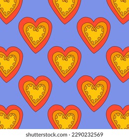 1970 psychedelic seamless pattern. 1970s good vibes hearts ornament. 1960 retro Valentine. Hippie peace and love. Funky and groove card. Trippy art.Hippie wallpaper background poster