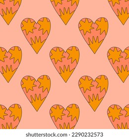 1970 psychedelic seamless pattern. 1970s good vibes hearts ornament. 1960 retro Valentine. Hippie peace and love. Funky and groove card. Trippy art.Hippie wallpaper background poster