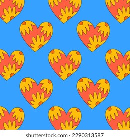 1970 psychedelic seamless pattern. 1970s good vibes hearts ornament. 1960 retro Valentine. Hippie peace and love. Funky and groove card. Trippy art.Hippie wallpaper background poster