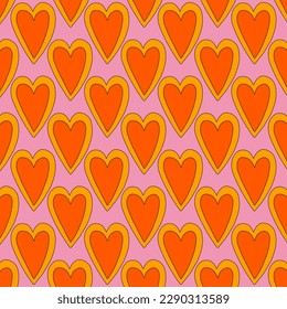 1970 psychedelic seamless pattern. 1970s good vibes hearts ornament. 1960 retro Valentine. Hippie peace and love. Funky and groove card. Trippy art.Hippie wallpaper background poster