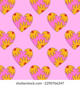 1970 psychedelic seamless pattern. 1970s good vibes hearts ornament. 1960 retro Valentine. Hippie peace and love. Funky and groove card. Trippy art.Hippie wallpaper background poster