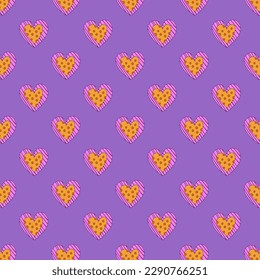 1970 psychedelic seamless pattern. 1970s good vibes hearts ornament. 1960 retro Valentine. Hippie peace and love. Funky and groove card. Trippy art.Hippie wallpaper background poster