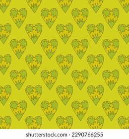 1970 psychedelic seamless pattern. 1970s good vibes hearts ornament. 1960 retro Valentine. Hippie peace and love. Funky and groove card. Trippy art.Hippie wallpaper background poster