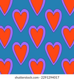 1970 psychedelic seamless pattern. 1970s good vibes hearts ornament. 1960 retro Valentine. Hippie peace and love. Funky and groove card. Trippy art.Hippie wallpaper background poster