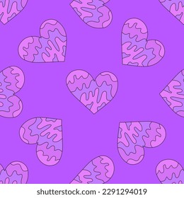 1970 psychedelic seamless pattern. 1970s good vibes hearts ornament. 1960 retro Valentine. Hippie peace and love. Funky and groove card. Trippy art.Hippie wallpaper background poster