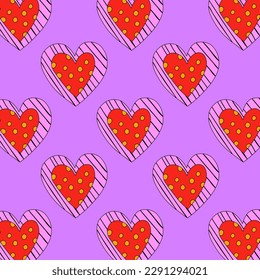 1970 psychedelic seamless pattern. 1970s good vibes hearts ornament. 1960 retro Valentine. Hippie peace and love. Funky and groove card. Trippy art.Hippie wallpaper background poster