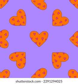 1970 psychedelic seamless pattern. 1970s good vibes hearts ornament. 1960 retro Valentine. Hippie peace and love. Funky and groove card. Trippy art.Hippie wallpaper background poster