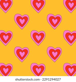 1970 psychedelic seamless pattern. 1970s good vibes hearts ornament. 1960 retro Valentine. Hippie peace and love. Funky and groove card. Trippy art.Hippie wallpaper background poster