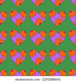 1970 psychedelic seamless pattern. 1970s good vibes hearts ornament. 1960 retro Valentine. Hippie peace and love. Funky and groove card. Trippy art.Hippie wallpaper background poster