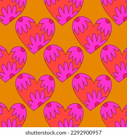 1970 psychedelic seamless pattern. 1970s good vibes hearts ornament. 1960 retro Valentine. Hippie peace and love. Funky and groove card. Trippy art.Hippie wallpaper background poster