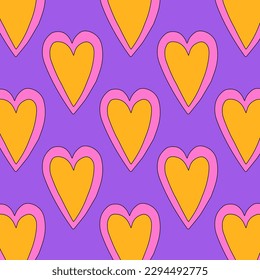 1970 psychedelic seamless pattern. 1970s good vibes hearts ornament. 1960 retro Valentine. Hippie peace and love. Funky and groove card. Trippy art.Hippie wallpaper background poster