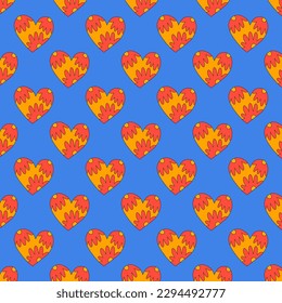 1970 psychedelic seamless pattern. 1970s good vibes hearts ornament. 1960 retro Valentine. Hippie peace and love. Funky and groove card. Trippy art.Hippie wallpaper background poster