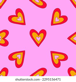 1970 psychedelic seamless pattern. 1970s good vibes hearts ornament. 1960 retro Valentine. Hippie peace and love. Funky and groove card. Trippy art.Hippie wallpaper background poster